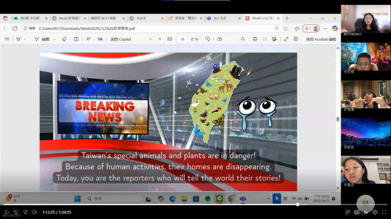 利用Canva學習單檢驗小學伴的學習成效後，以記者報導方式，引導小學伴練習表達及英語口說能力。