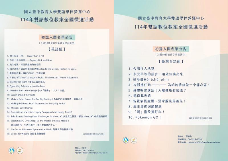 114年雙語數位教案全國徵選活動【決選入圍名單】英語組、台灣台語組