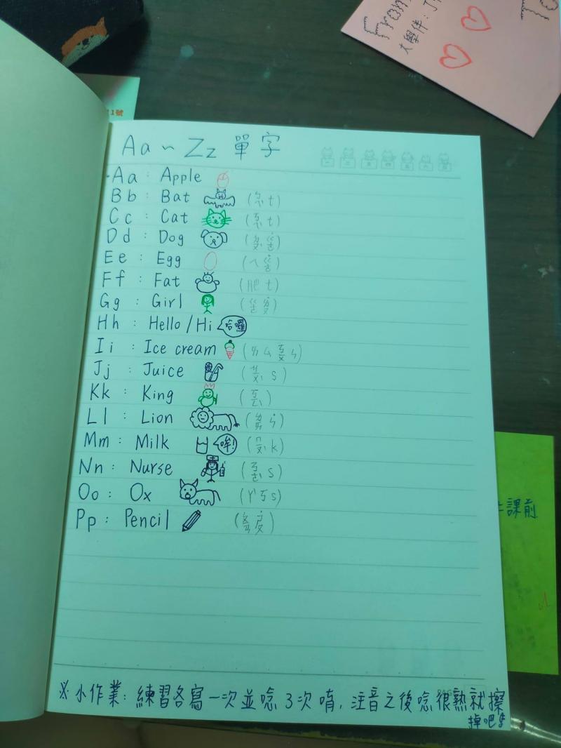 小禮物-留下共同回憶與連結，我寫上教過的單字、圖片、注音輔助。苡萱很喜歡也自信說，會認真把它寫滿筆記